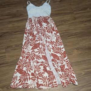 White and Red Leaf Print Maxi Dress